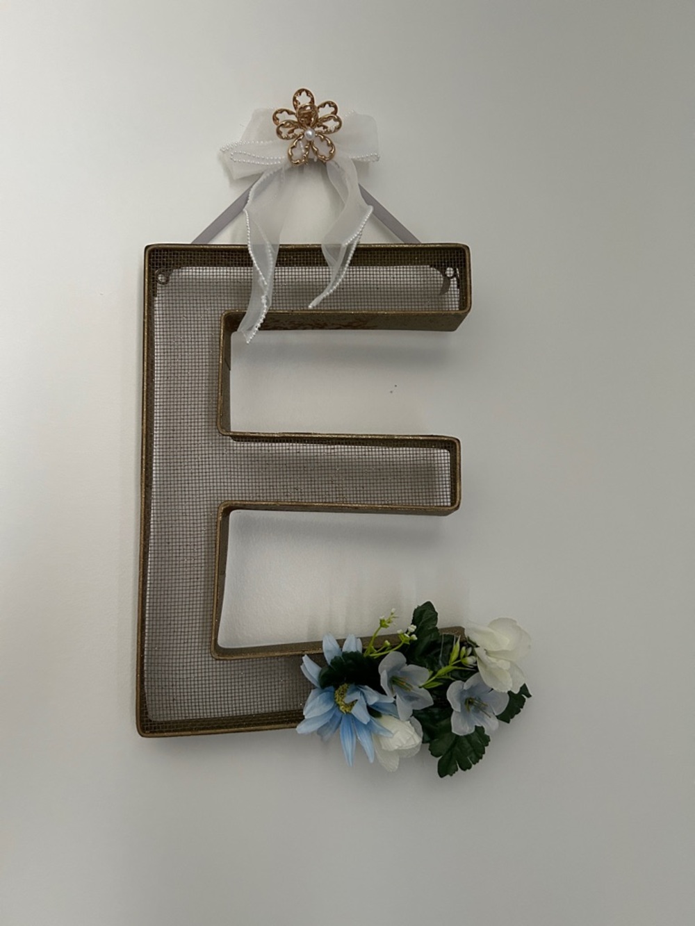 Gold Metal Letter E Wall Accent with Floral Detail